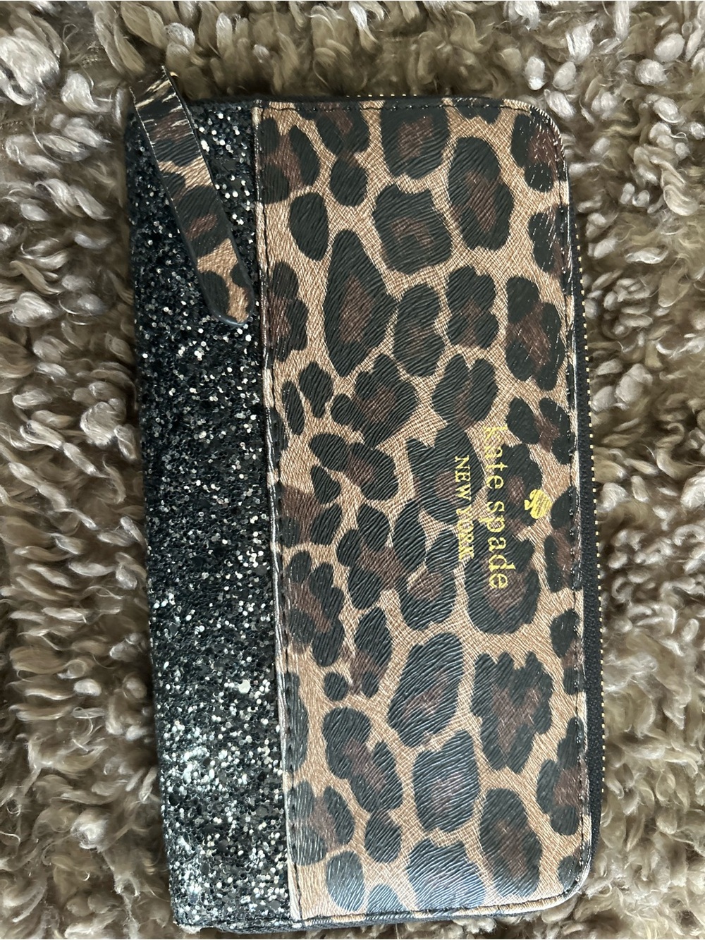 kate spade Leopard Print and Black Glitter Zip Wristlet